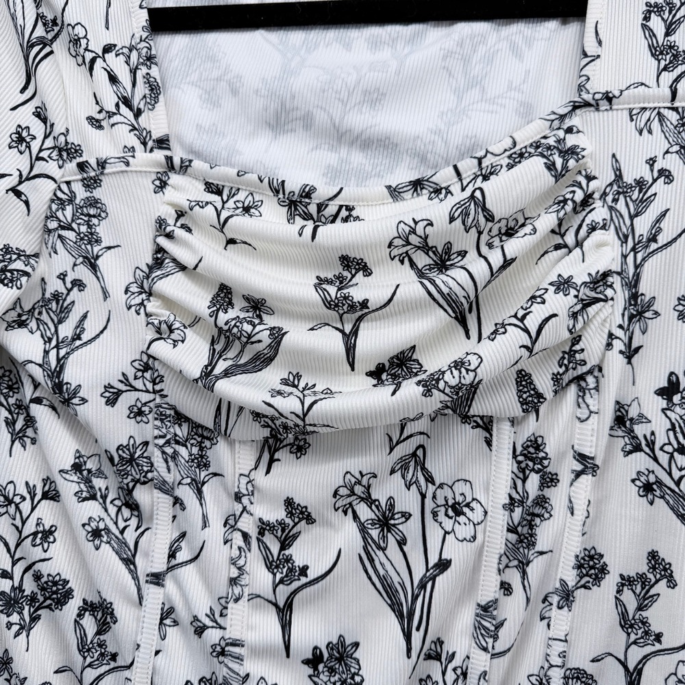 YOZY Floral Ribbed Long Sleeve Bodysuit White Black‎ Ruched Square Neck XL NWT - Picture 2 of 6